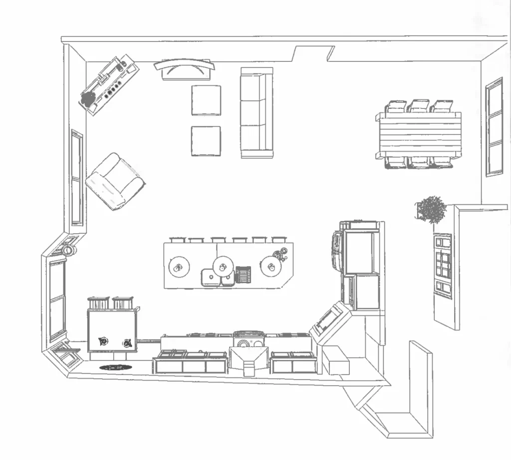 Black and white floor plan showcasing a Remodeling Design for an open-concept living area, featuring a kitchen with island, dining table, sofa, armchair, coffee table, and large windows.